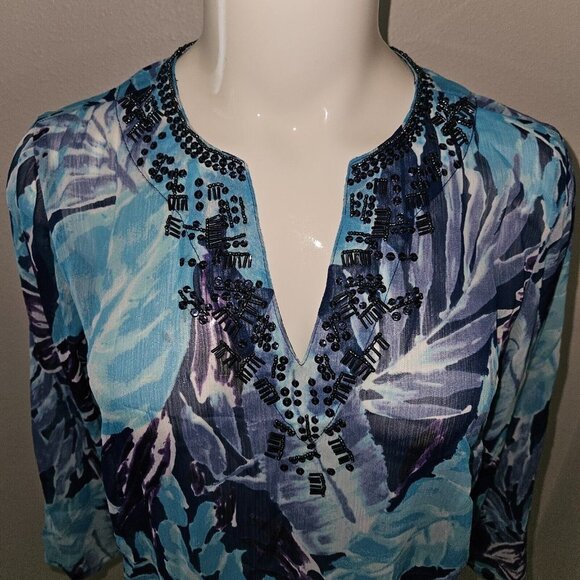 NEW Tantrums Blue Tropical Sheer Shirt Cover-Up Size Small Beaded Floral Vaca - Picture 3 of 11